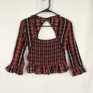 New Free People Nicole Red Plaid Smocked Top